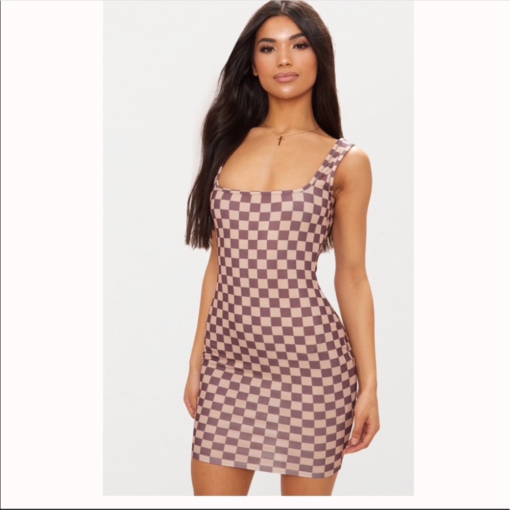 Tan checkered bodycon dress